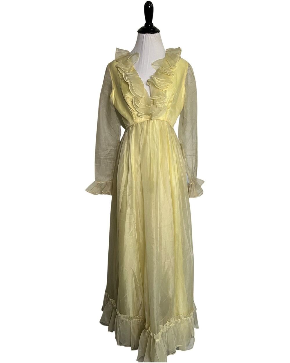 Vintage 1970s Pale Yellow Boho Hippie Age of Aquarius Emma Domb Maxi Dress Small